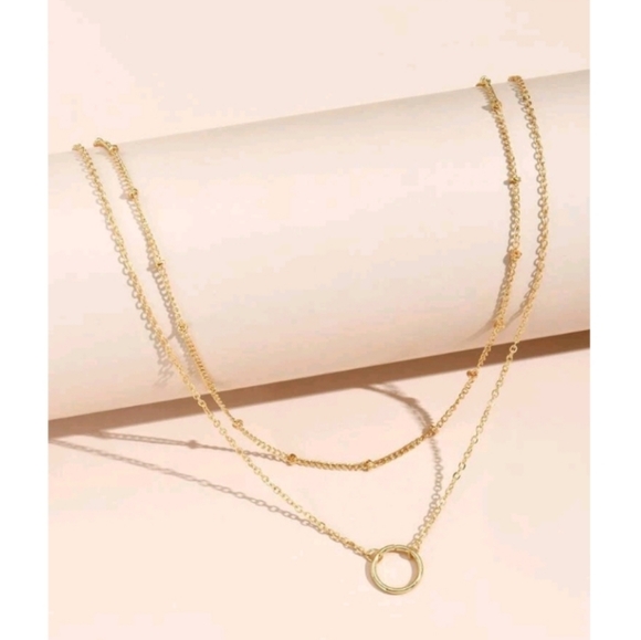 Anthropologie Trendy Minimalist Double Layered Open Circle& Beaded Gold Necklace - Picture 2 of 4